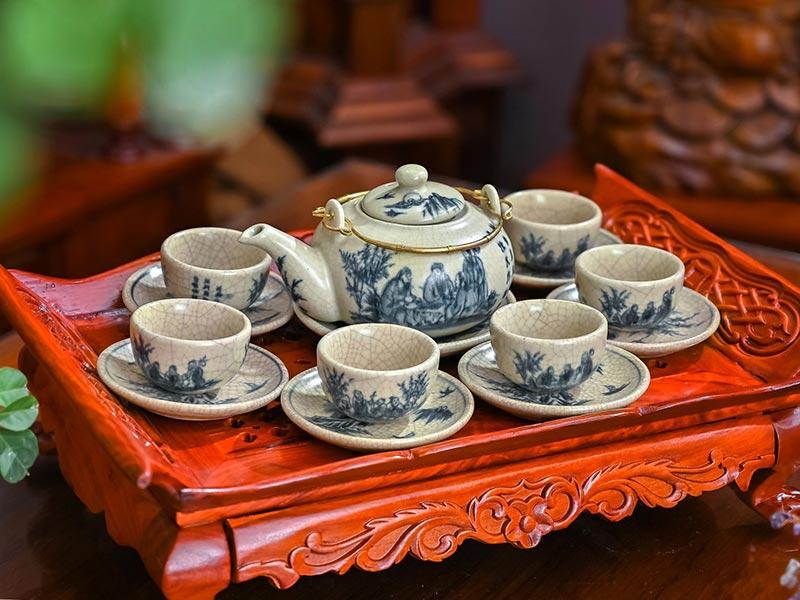Bộ ấm chén men rạn cổ Trúc lâm thất hiền gốm sứ cao cấp Bát Tràng